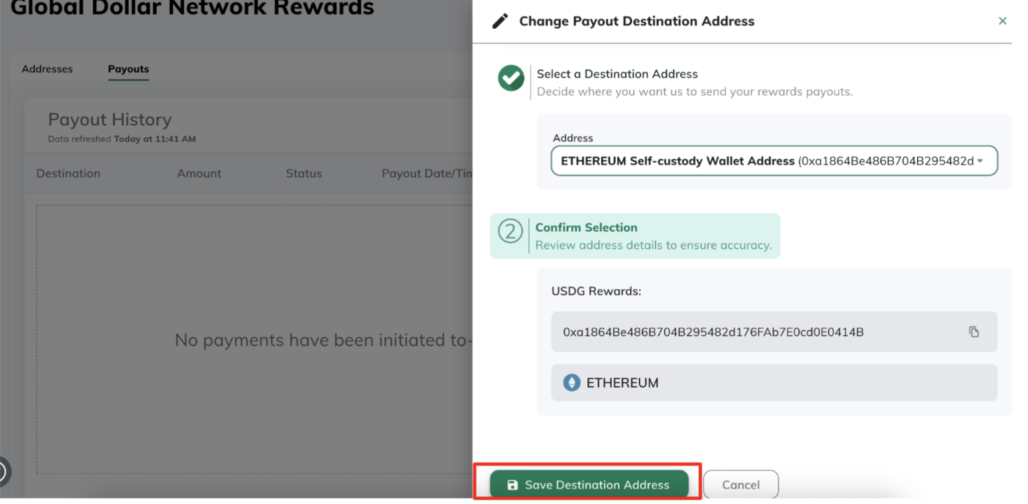 Saving payout address