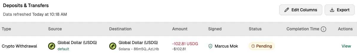 Completed signed transaction detail view