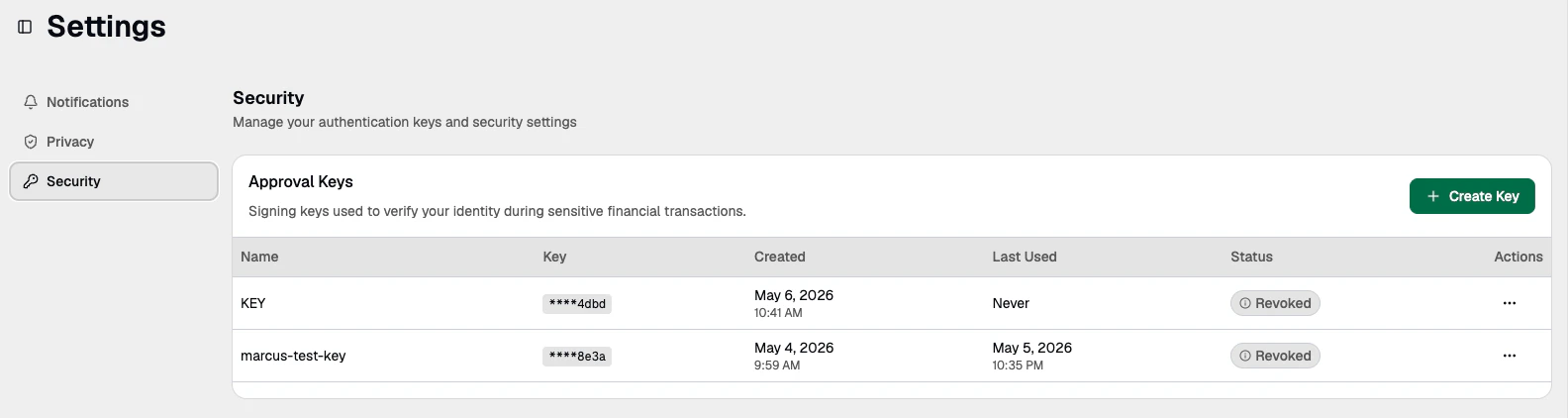 Security page showing Request Signing Keys