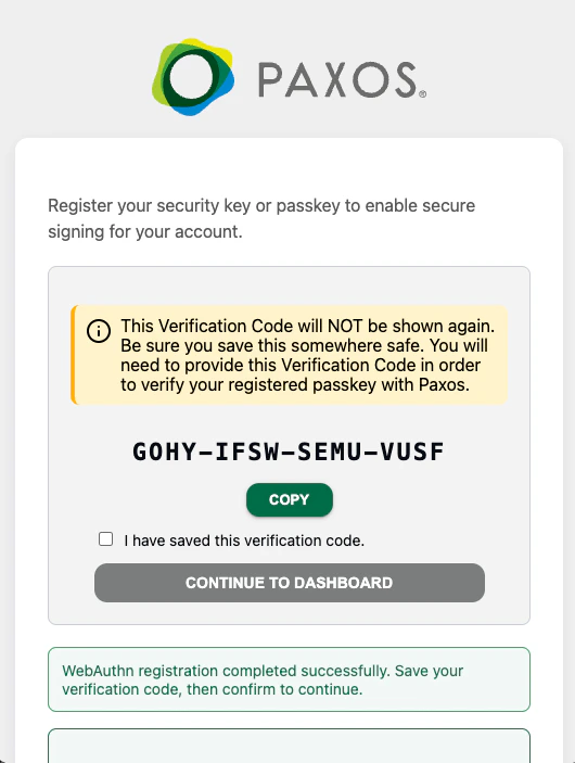 Verification code displayed after key registration