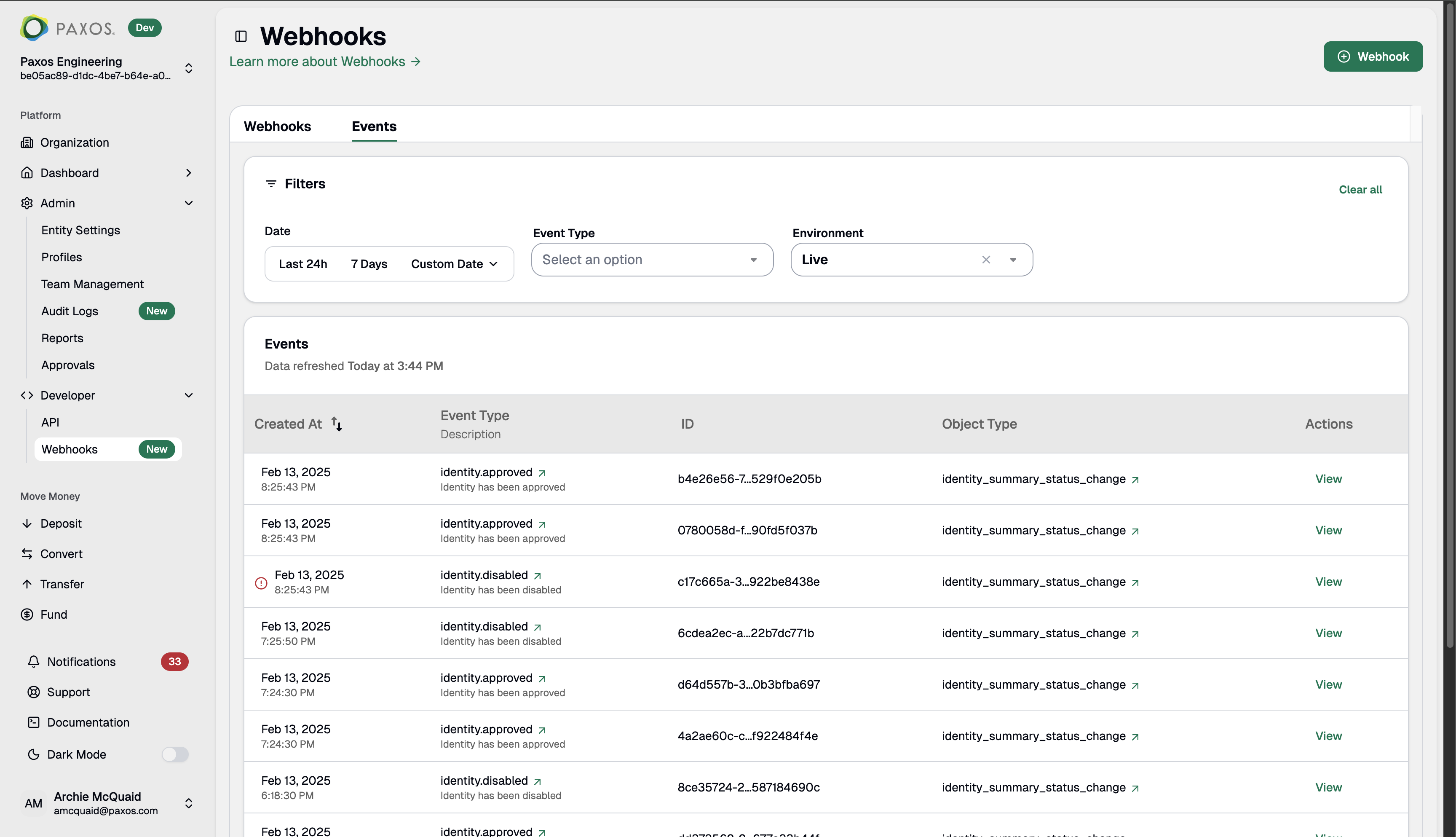 Events view in Dashboard