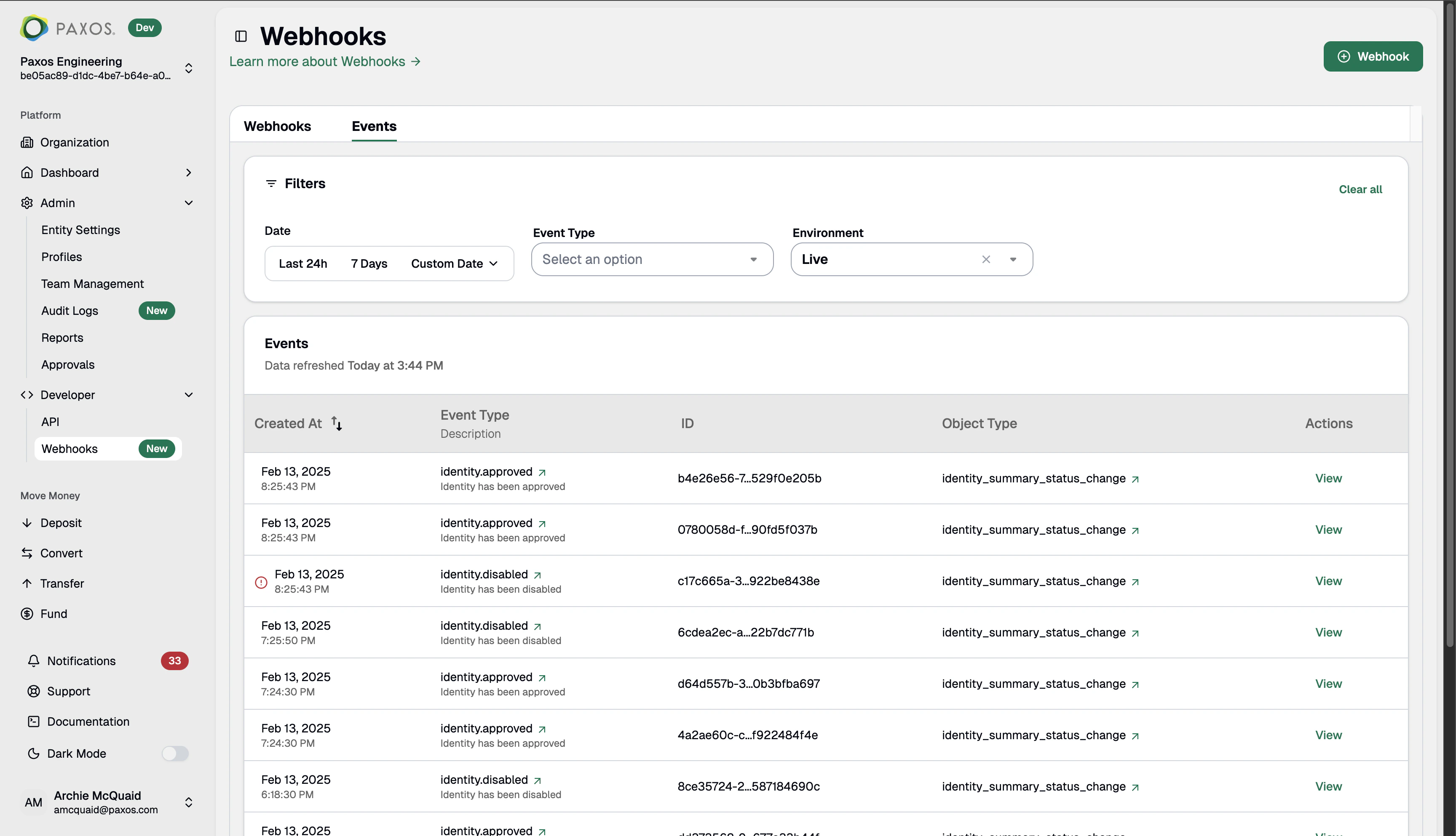 Events view in Dashboard