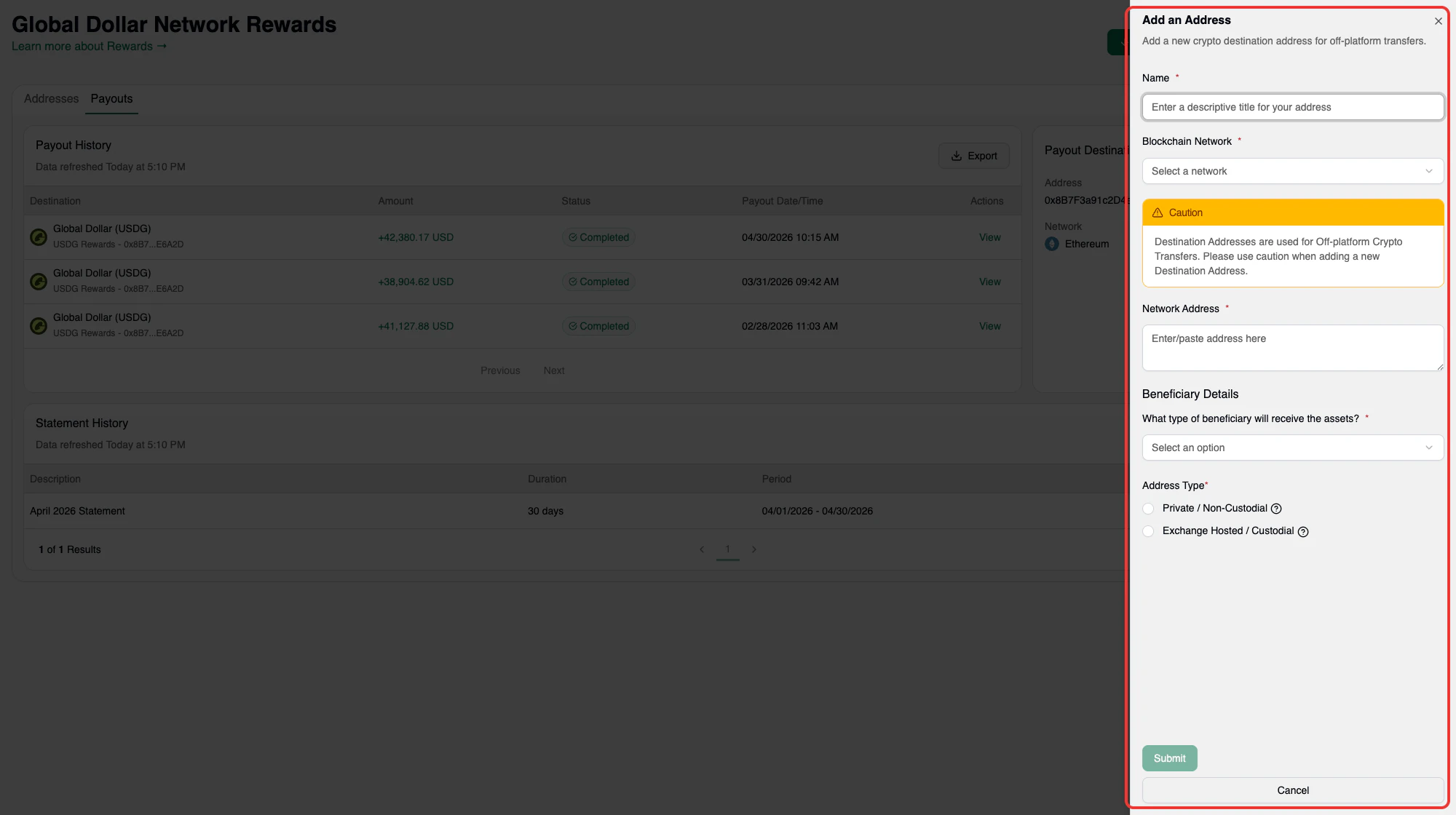 Adding a new payout address