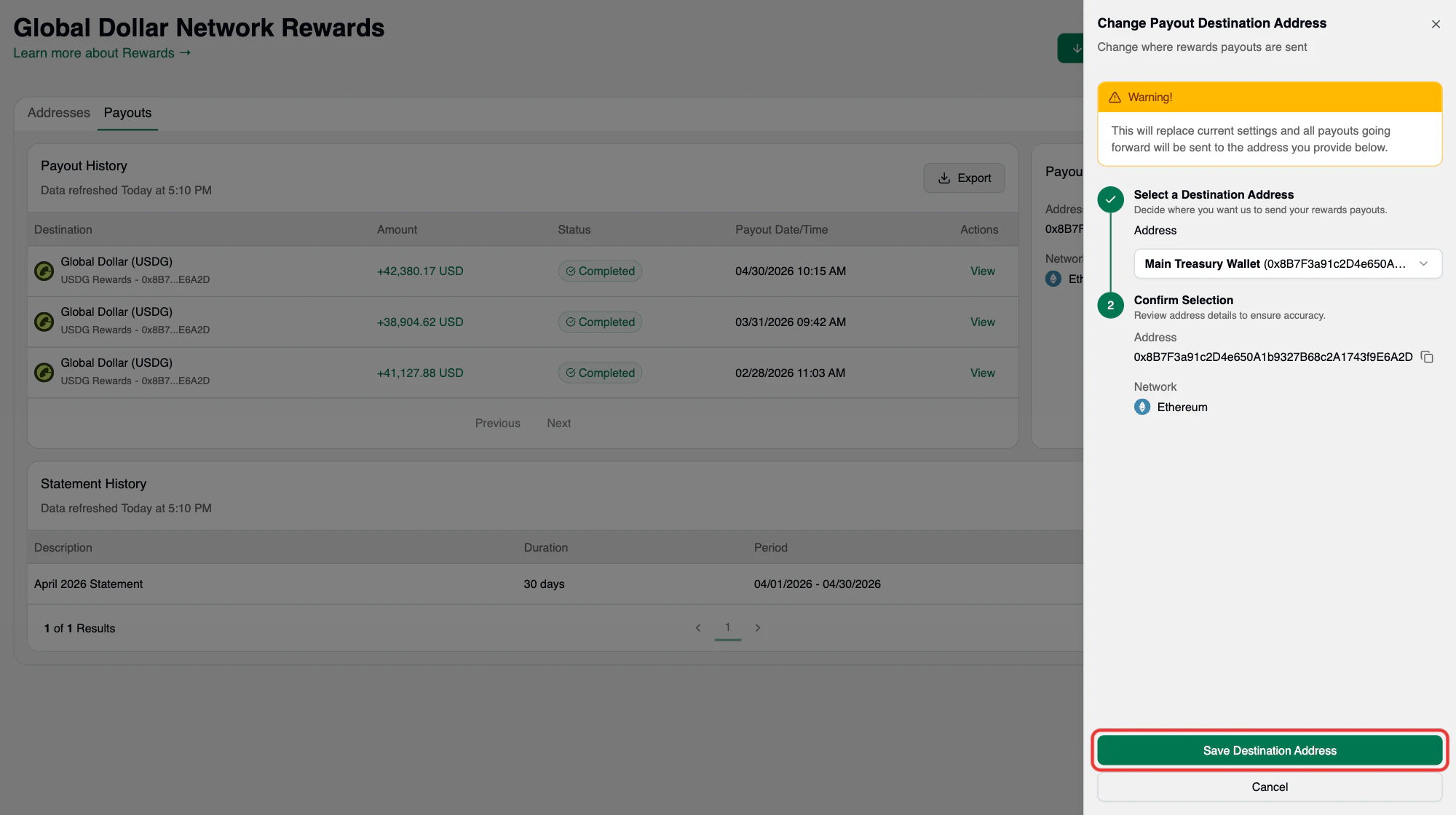 Saving payout address