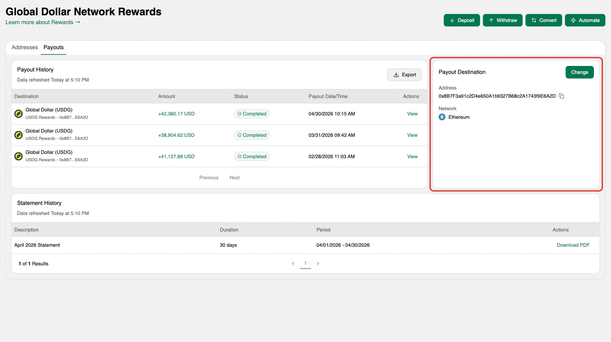 Active payout address