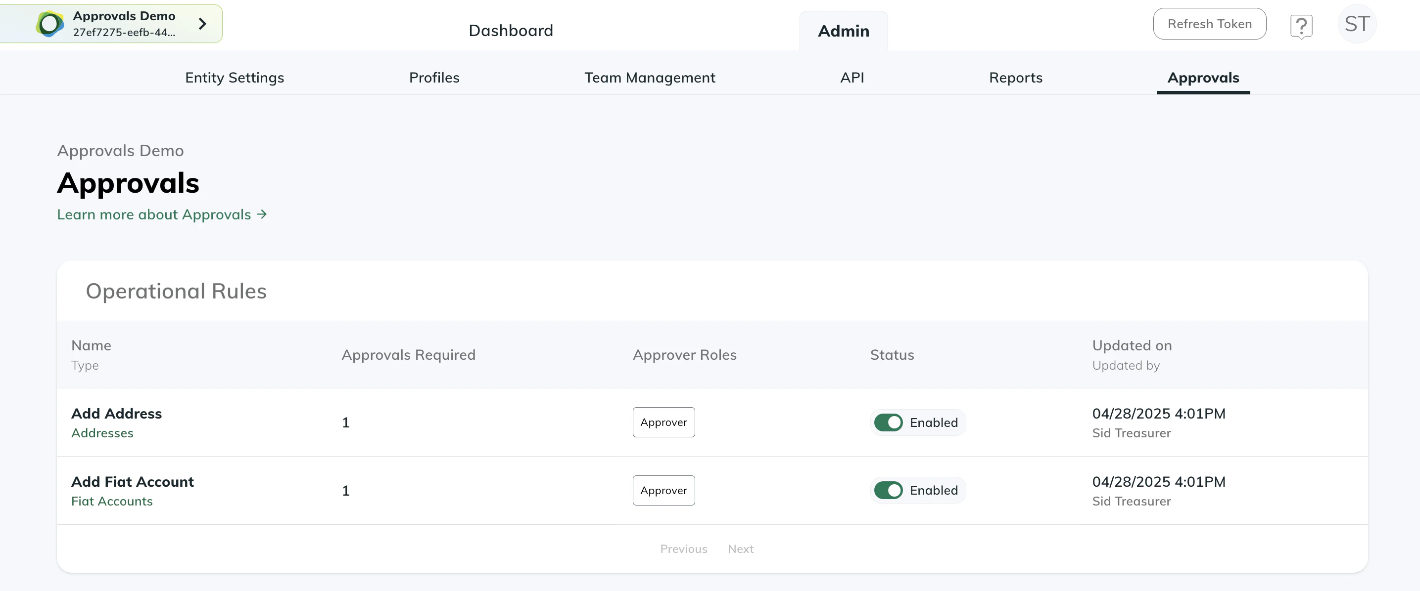 Approvals Page