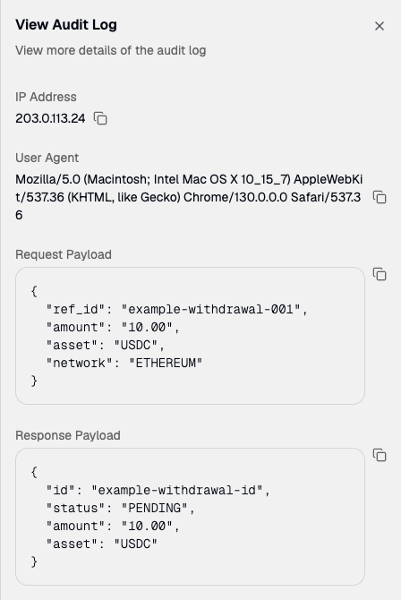 The View Audit Log panel showing the IP address, user agent, request payload, and response payload