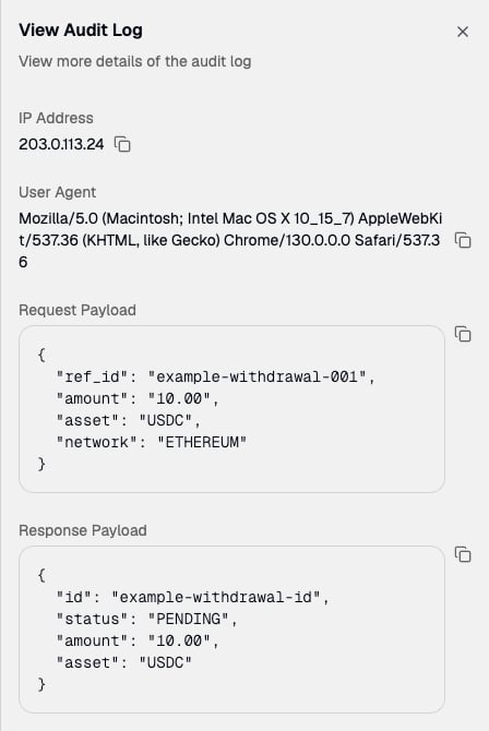 The View Audit Log panel showing the IP address, user agent, request payload, and response payload