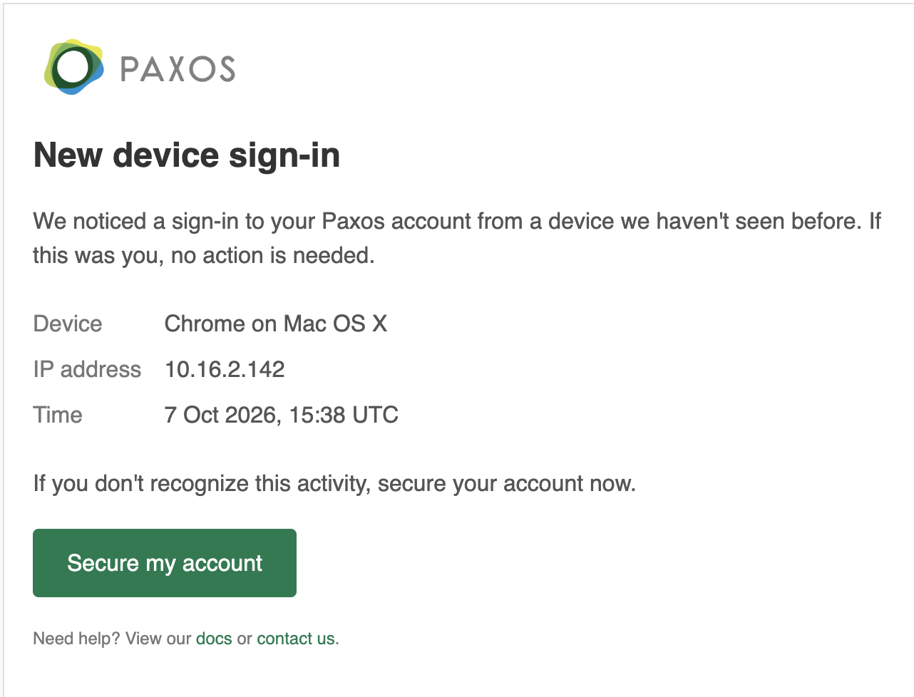 New device sign-in email showing the device, IP address, and time, with a Secure my account button