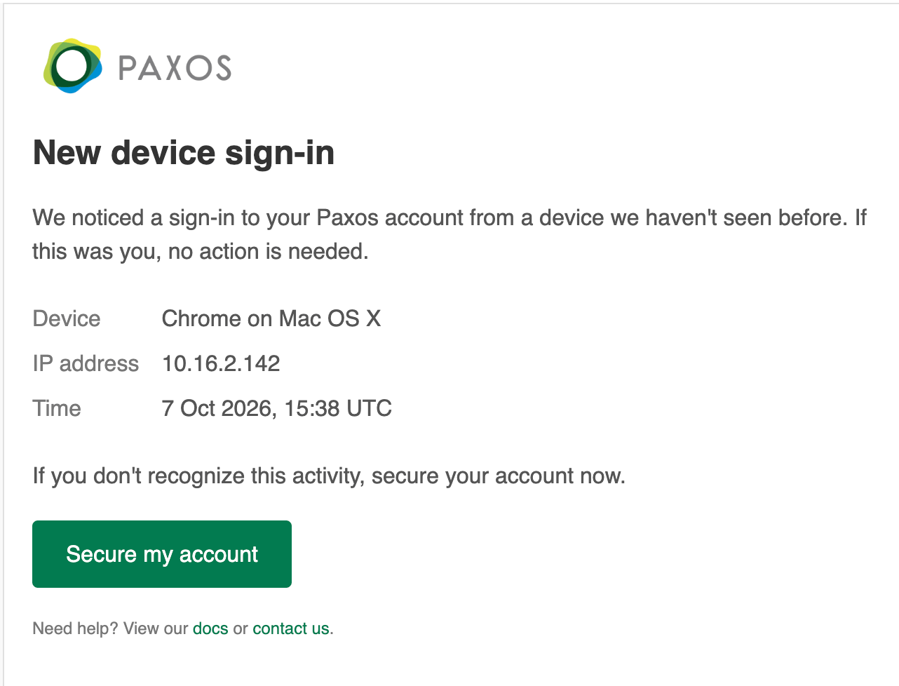 New device sign-in email showing the device, IP address, and time, with a Secure my account button