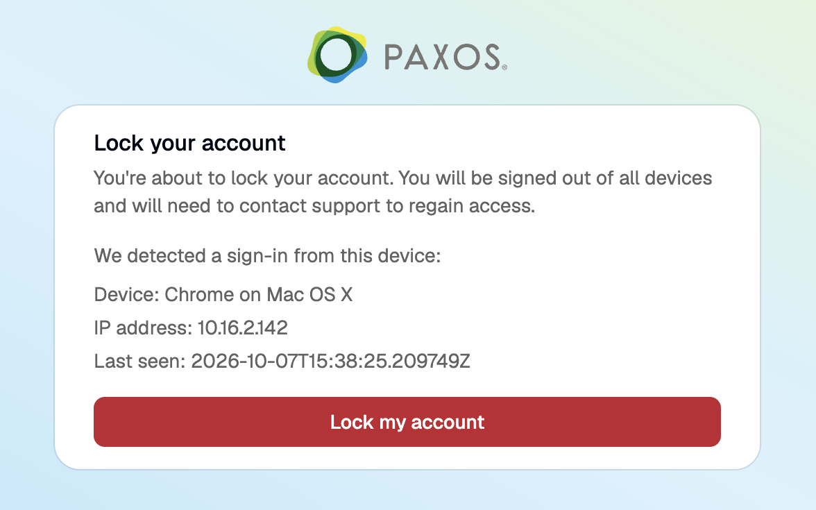 Lock your account page showing the detected device and a Lock my account button