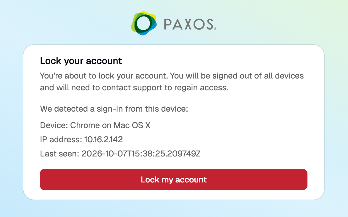 Lock your account page showing the detected device and a Lock my account button
