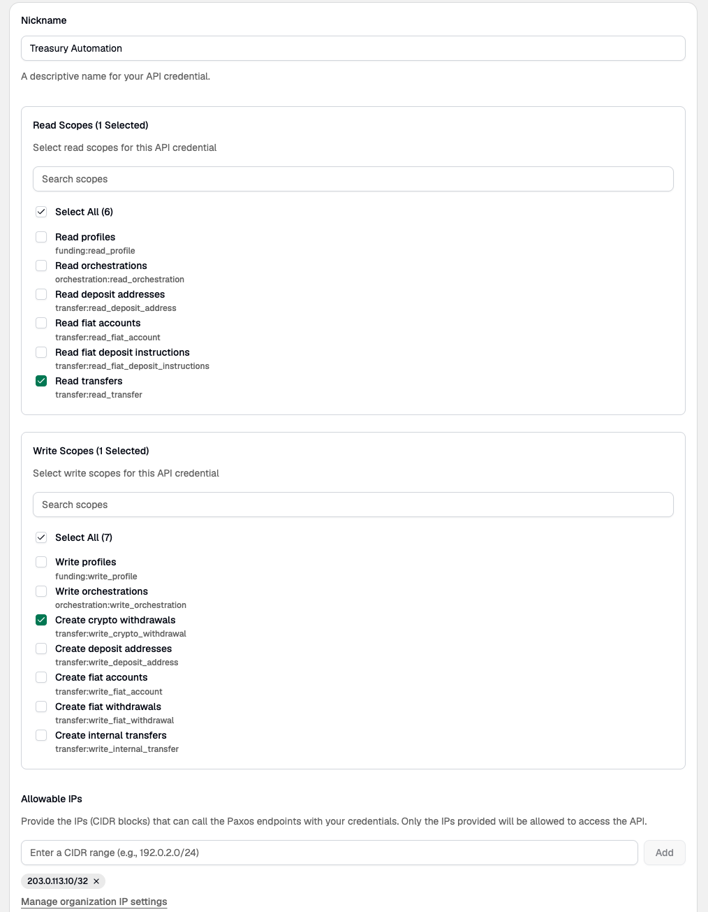 The Create API Credential form with a nickname, selected read and write scopes, and an allowable IP entry