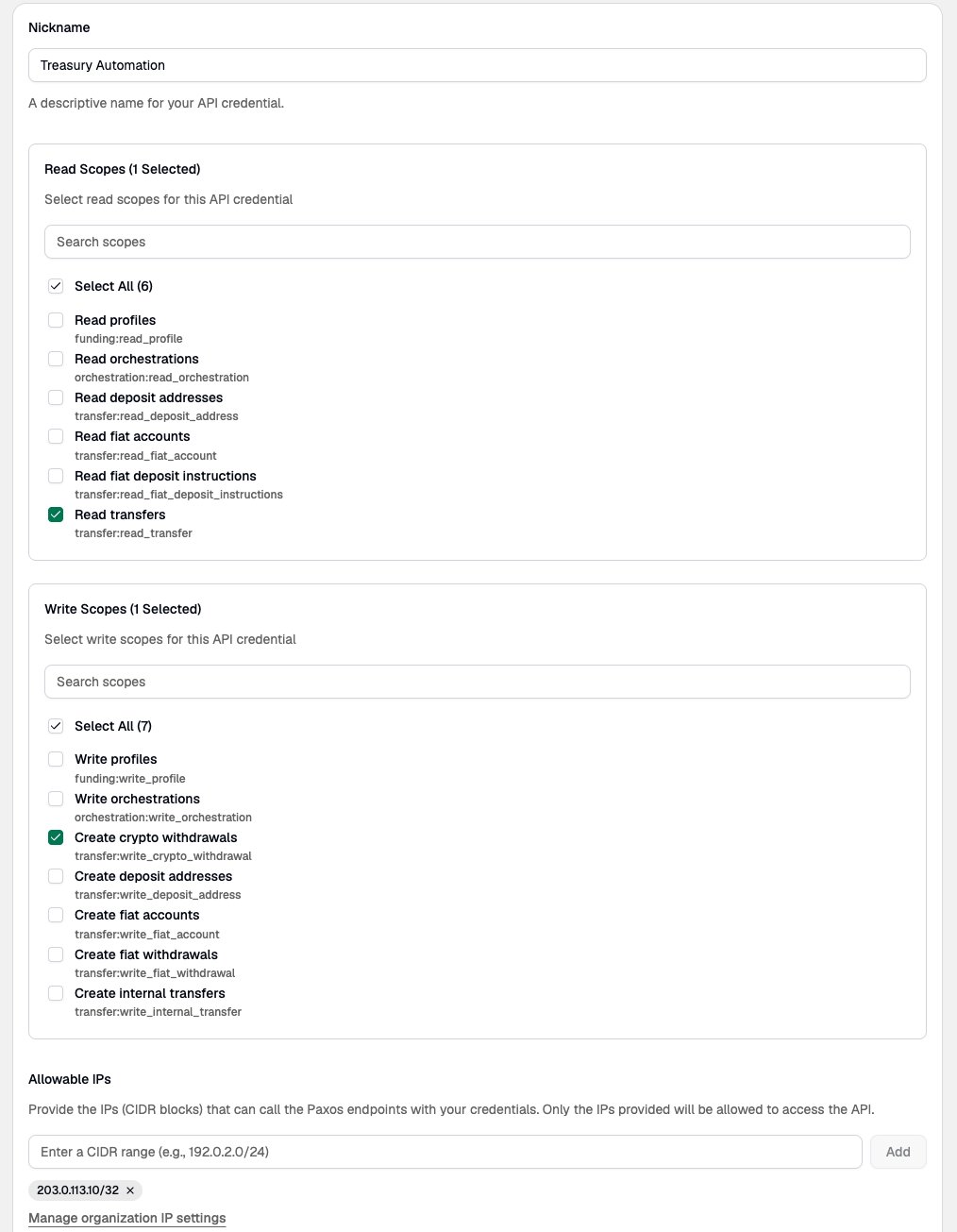 The Create API Credential form with a nickname, selected read and write scopes, and an allowable IP entry