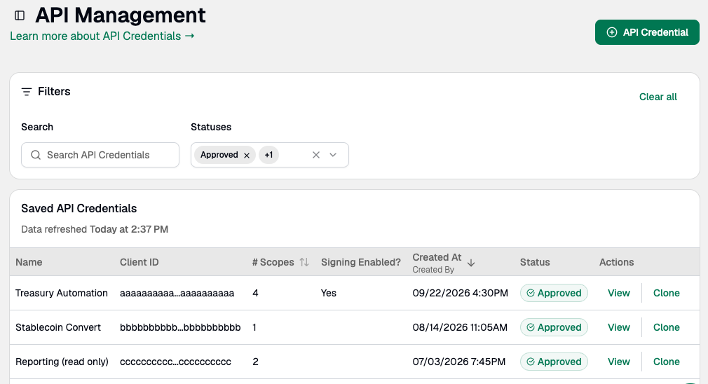 The API Management page listing saved API credentials, with the API Credential button in the top right