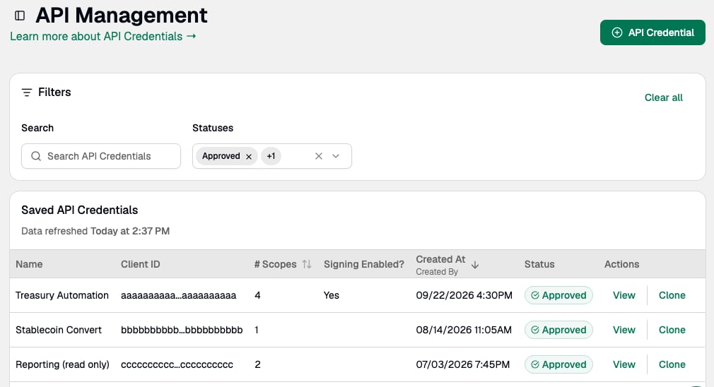 The API Management page listing saved API credentials, with the API Credential button in the top right