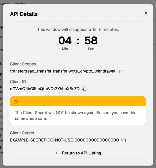 The API Details window showing the client scopes, Client ID, and a Client Secret with a warning that the secret is not shown again