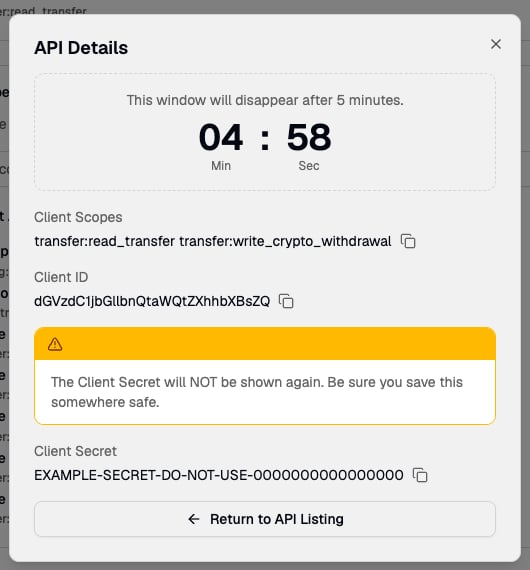 The API Details window showing the client scopes, Client ID, and a Client Secret with a warning that the secret is not shown again