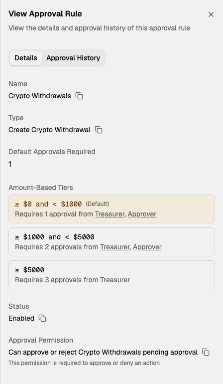 View Approval Rule drawer listing the amount-based tiers for crypto withdrawals