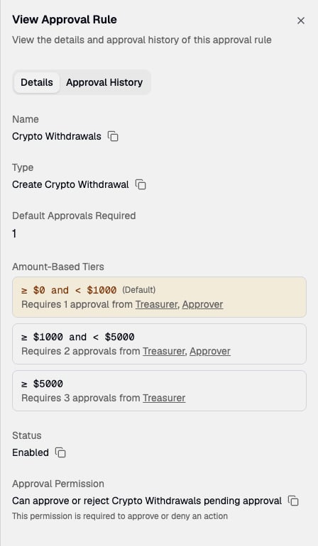 View Approval Rule drawer listing the amount-based tiers for crypto withdrawals