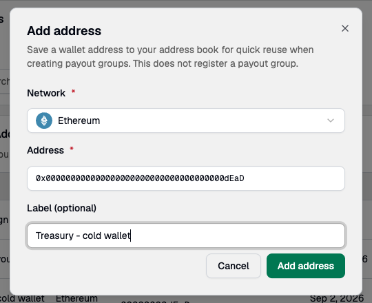 The Add address dialog with a network selected, a wallet address entered, and an optional label