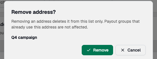 The Remove address confirmation dialog