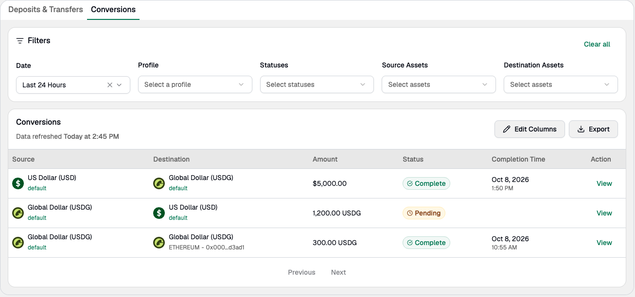 Conversions tab showing completed and pending conversions