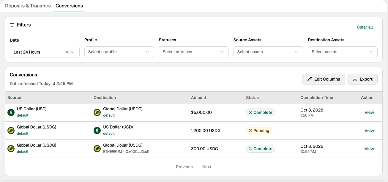 Conversions tab showing completed and pending conversions