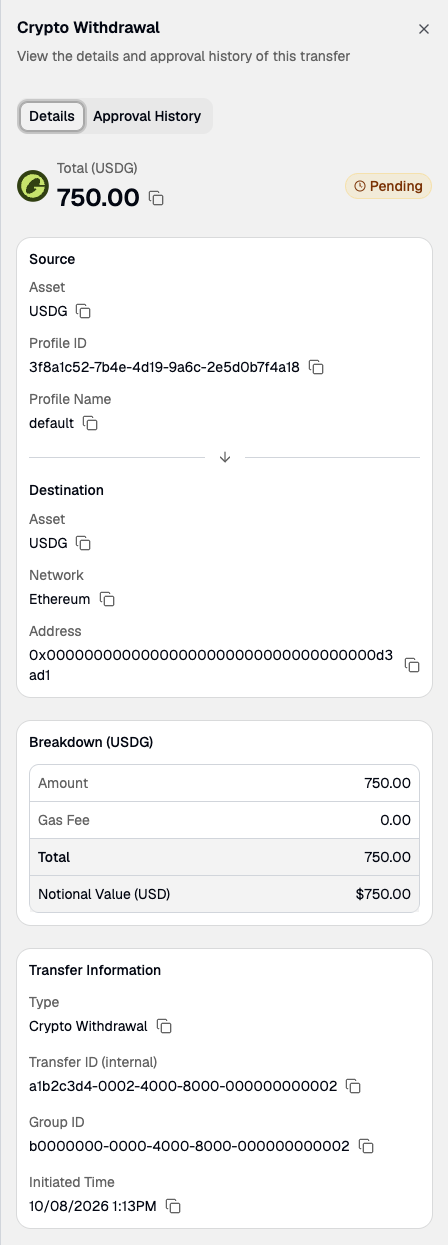 Transfer details panel showing source, destination, breakdown, Transfer ID, and Group ID