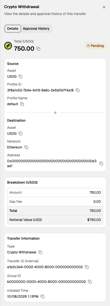 Transfer details panel showing source, destination, breakdown, Transfer ID, and Group ID