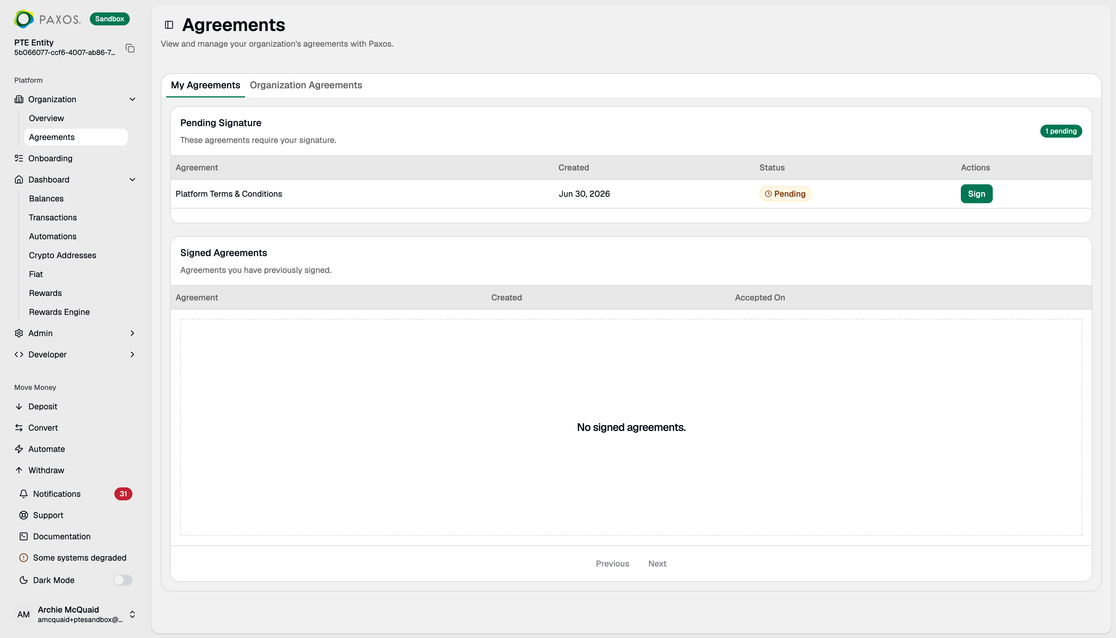 Agreements page