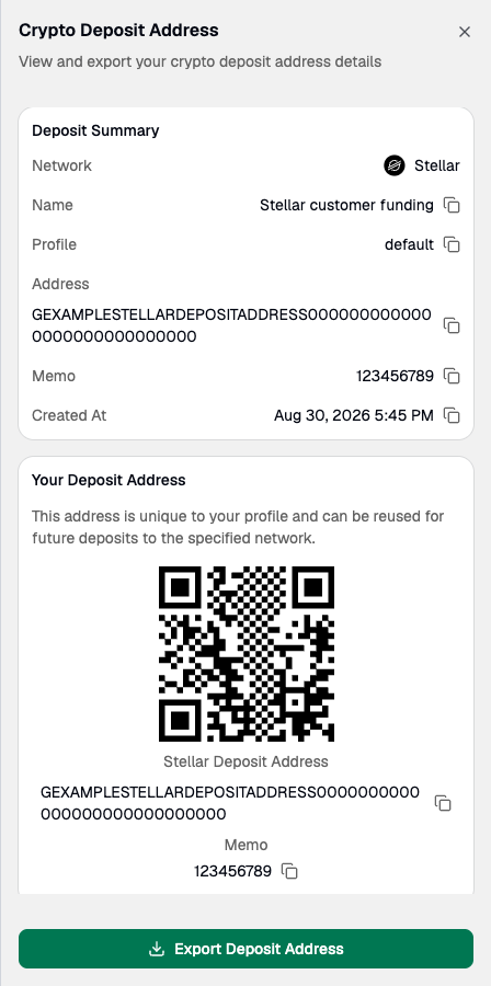 Crypto Deposit Address panel showing the deposit summary, QR code, and Export Deposit Address button