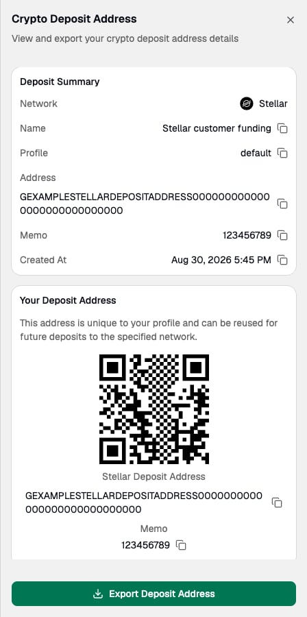 Crypto Deposit Address panel showing the deposit summary, QR code, and Export Deposit Address button