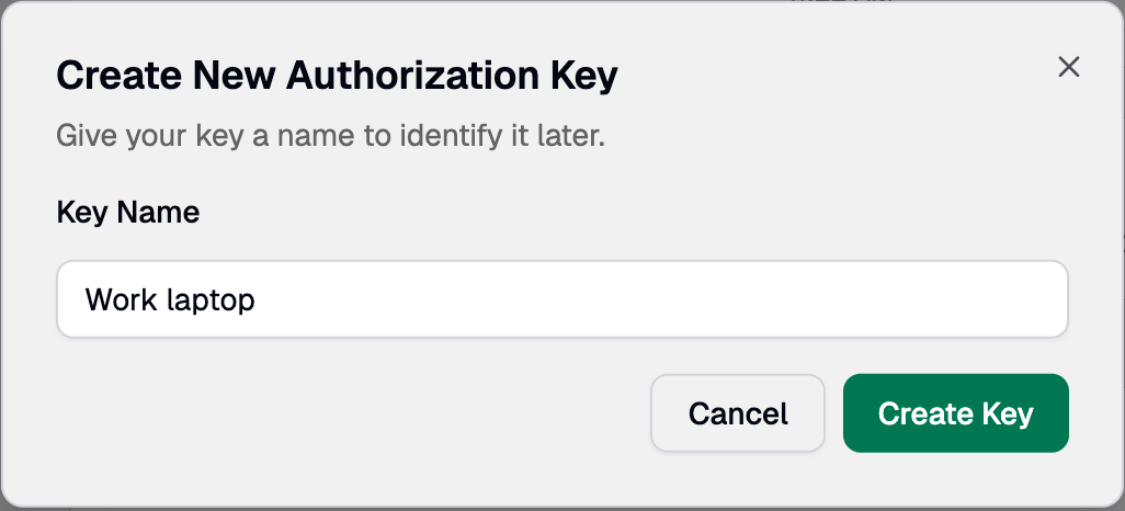Create New Authorization Key dialog with a key name entered