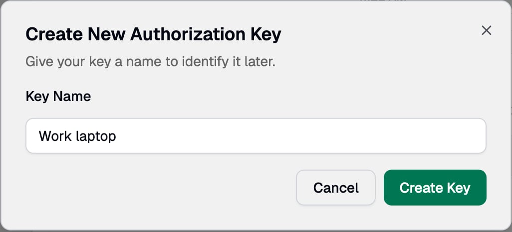 Create New Authorization Key dialog with a key name entered