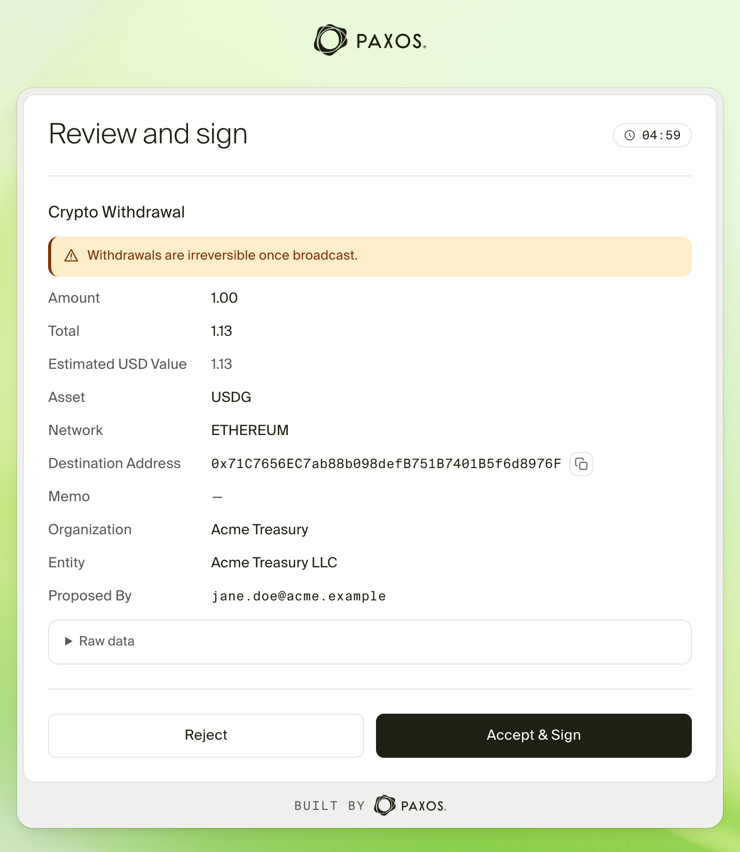Paxos window showing a crypto withdrawal to review, with Reject and Accept & Sign buttons