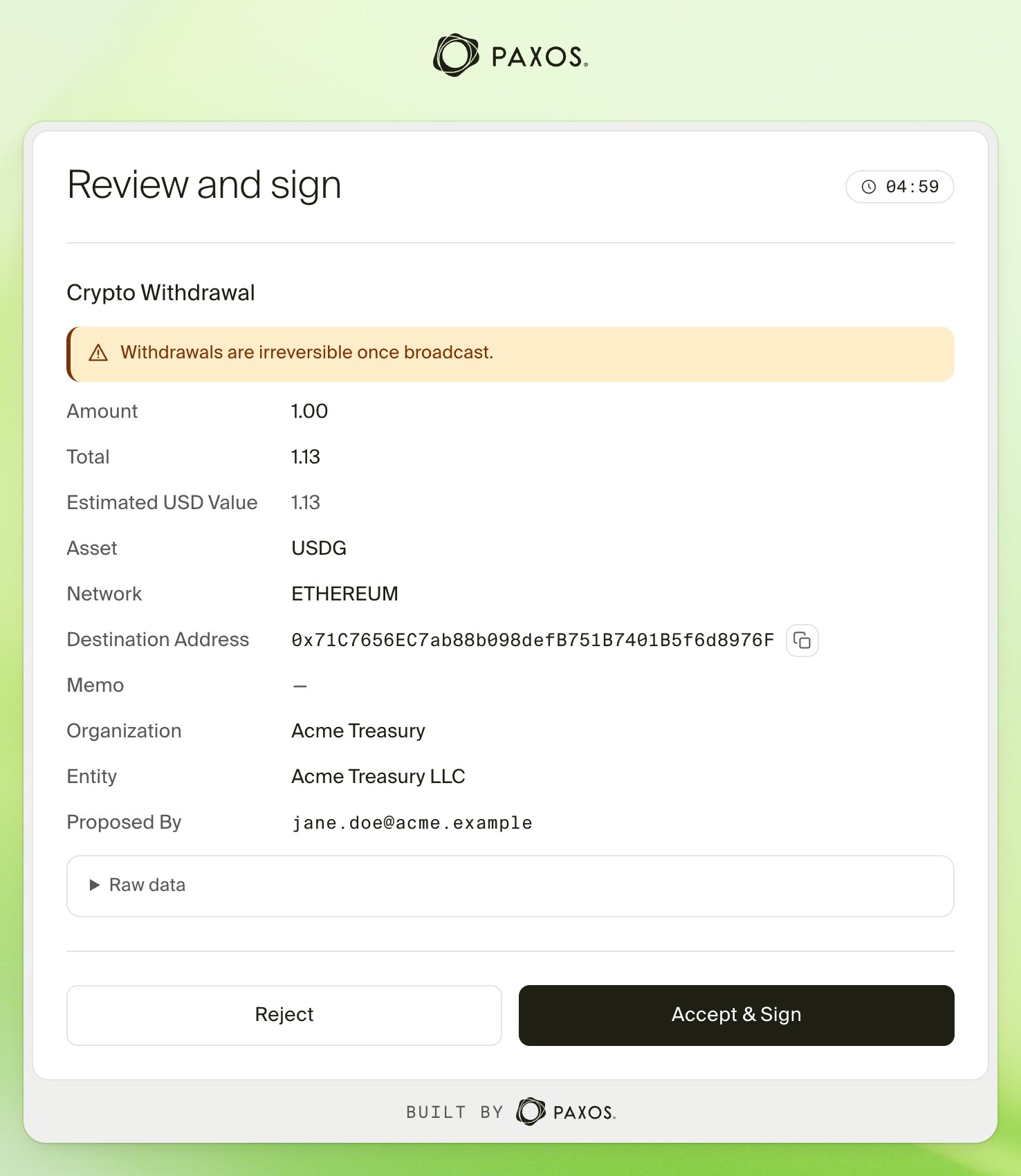 Paxos window showing a crypto withdrawal to review, with Reject and Accept & Sign buttons