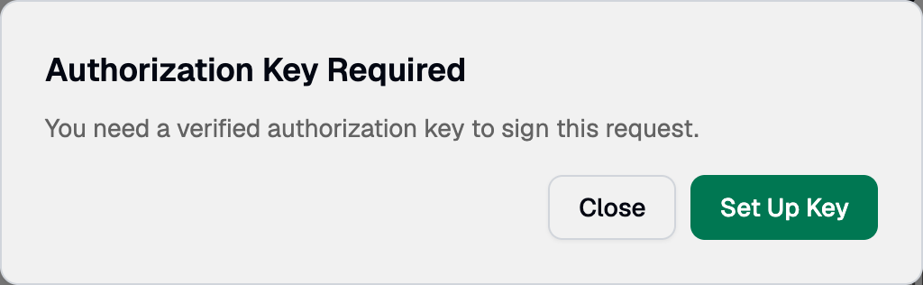 Authorization Key Required message with a Set Up Key button