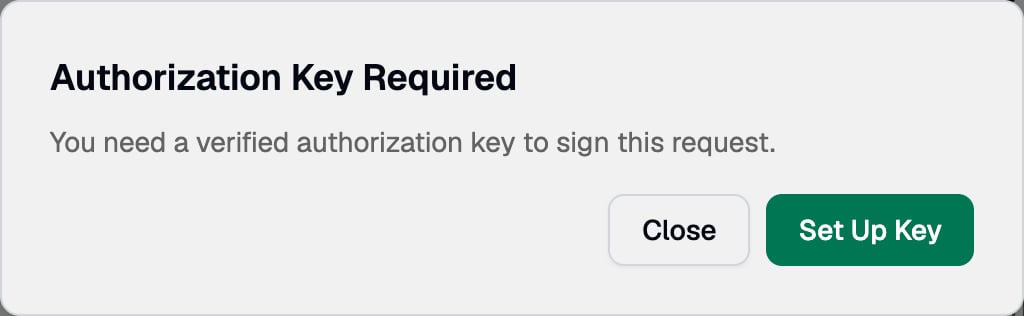 Authorization Key Required message with a Set Up Key button
