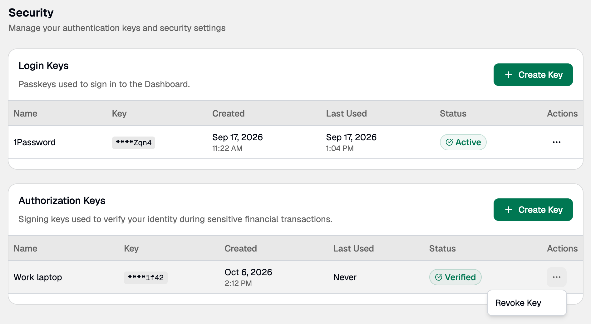 Actions menu on an Authorization Key row with the Revoke Key option