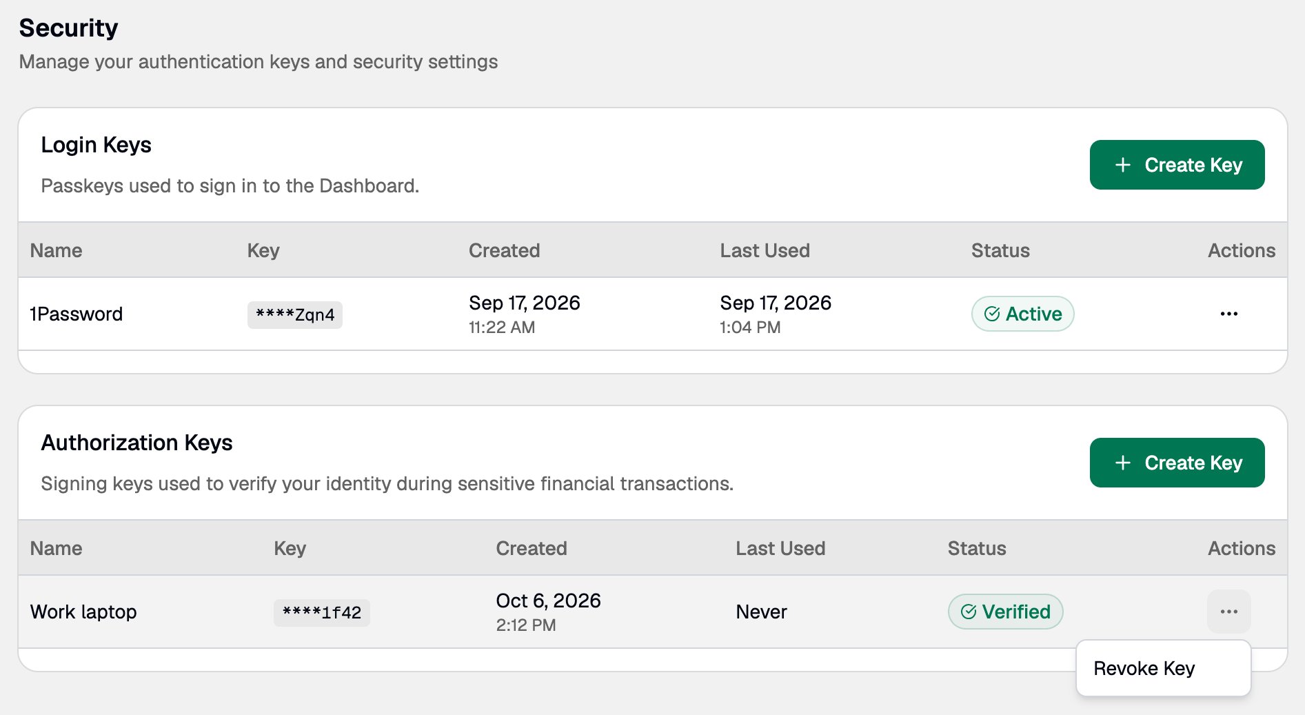 Actions menu on an Authorization Key row with the Revoke Key option