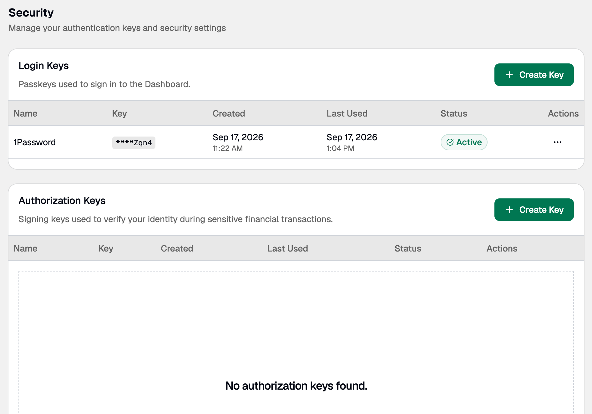 Security page with an empty Authorization Keys section