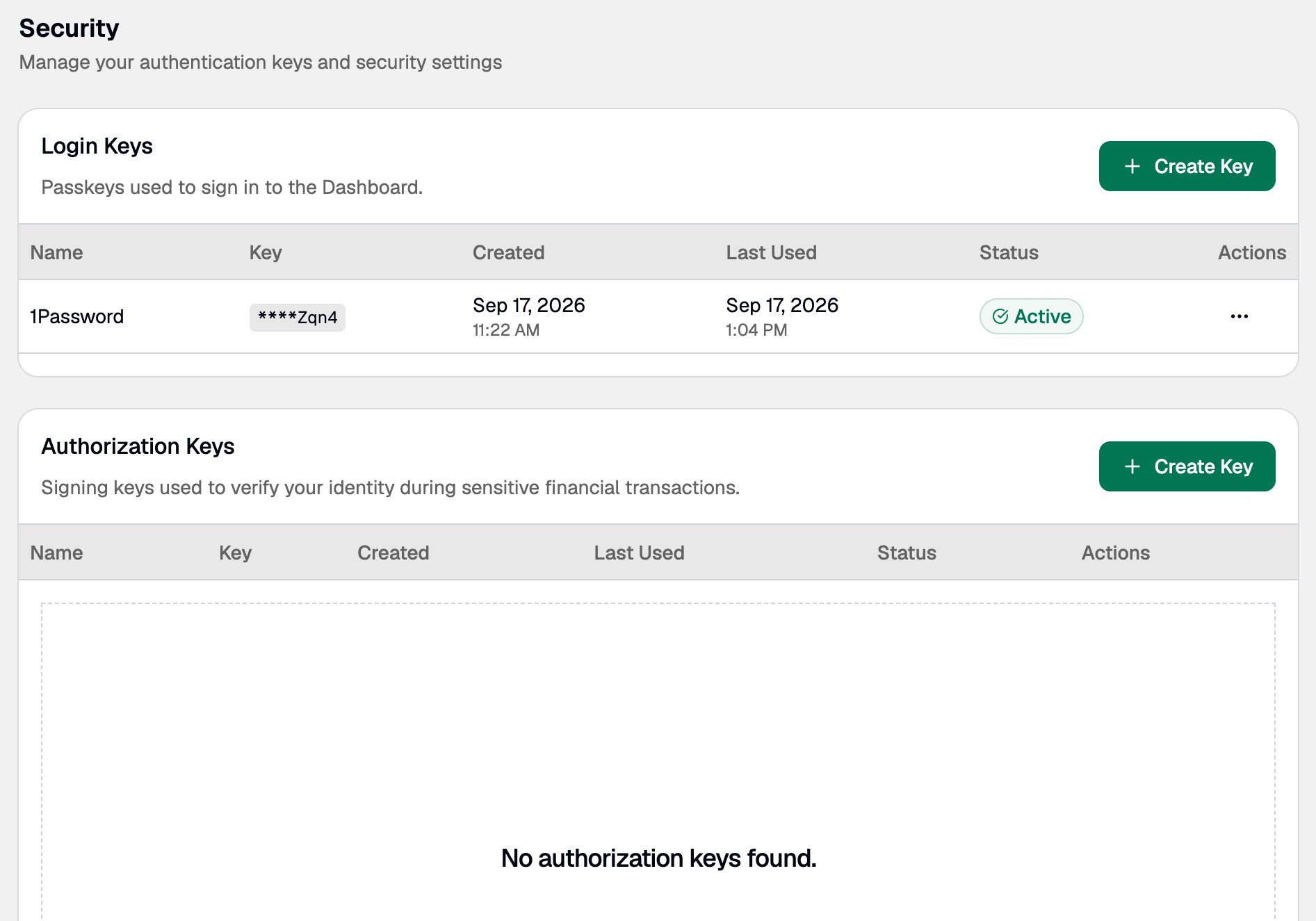 Security page with an empty Authorization Keys section