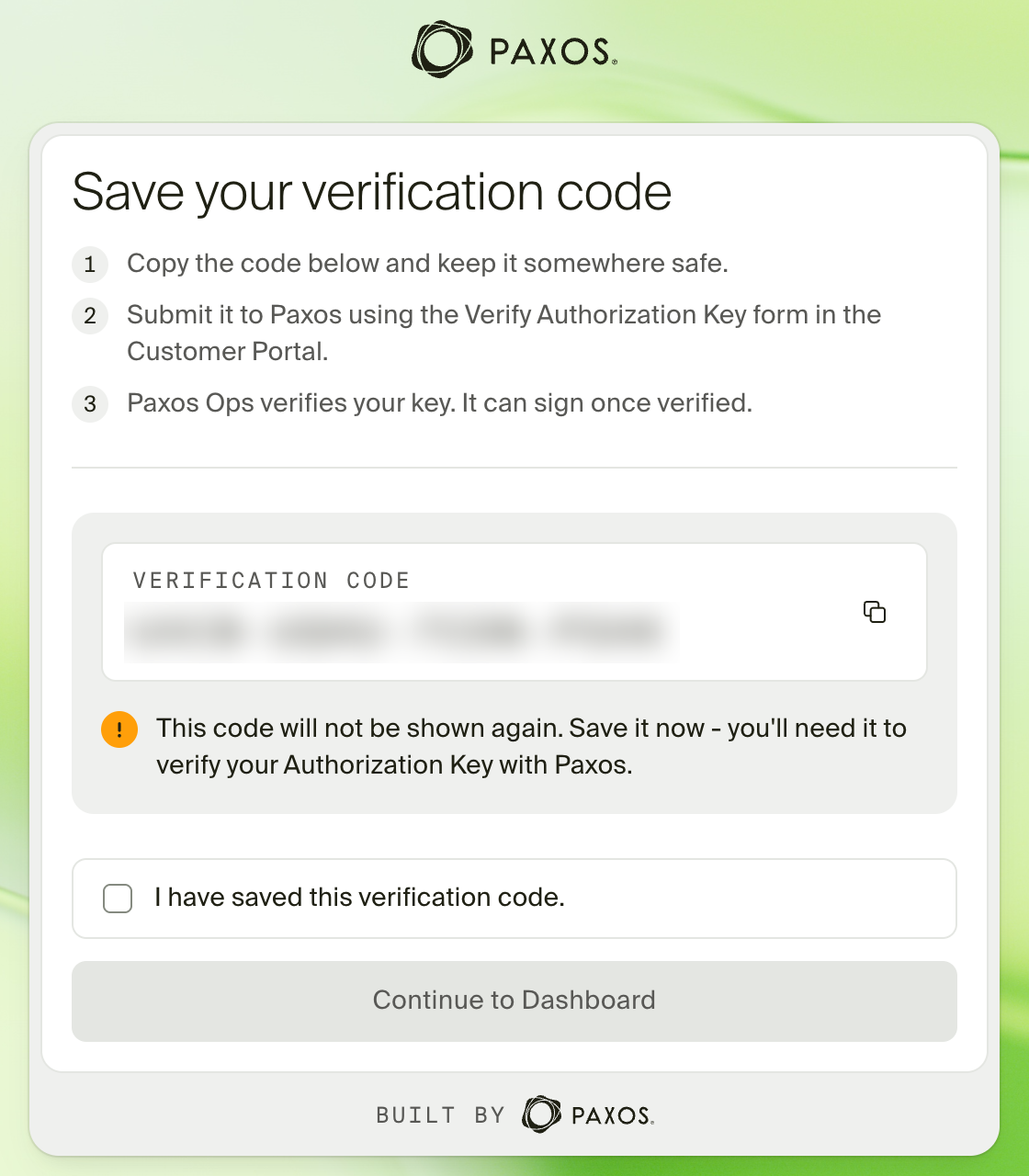 Save your verification code window showing a 16-character verification code