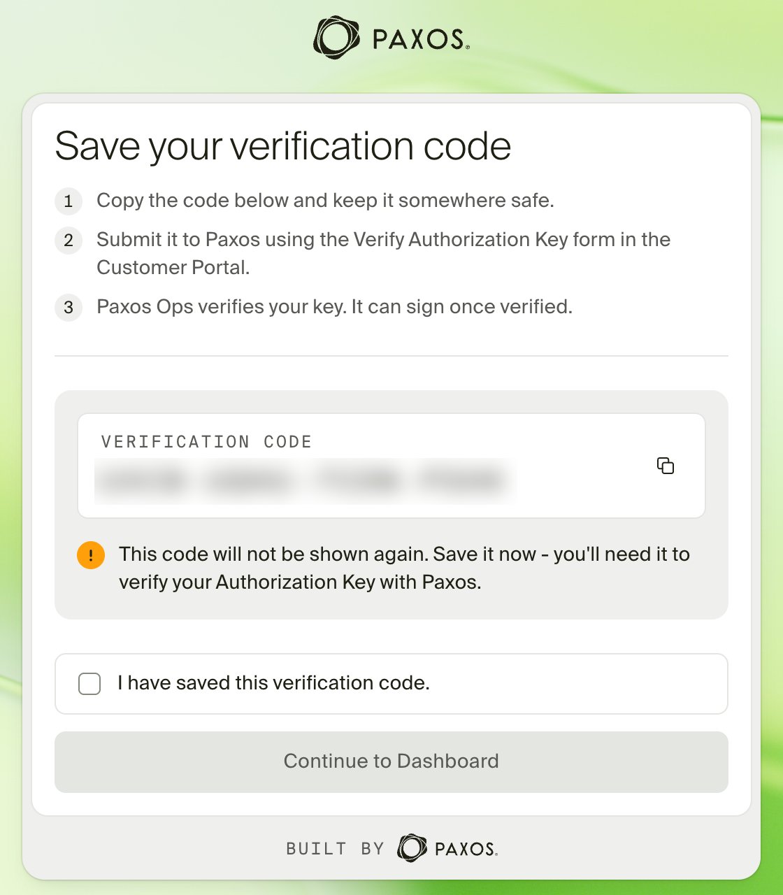 Save your verification code window showing a 16-character verification code