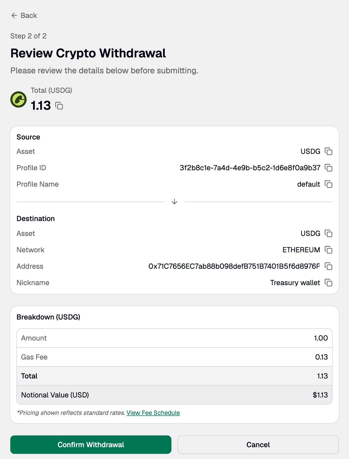 Review Crypto Withdrawal step with the Confirm Withdrawal button