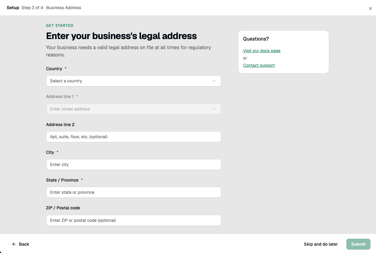Business Address form