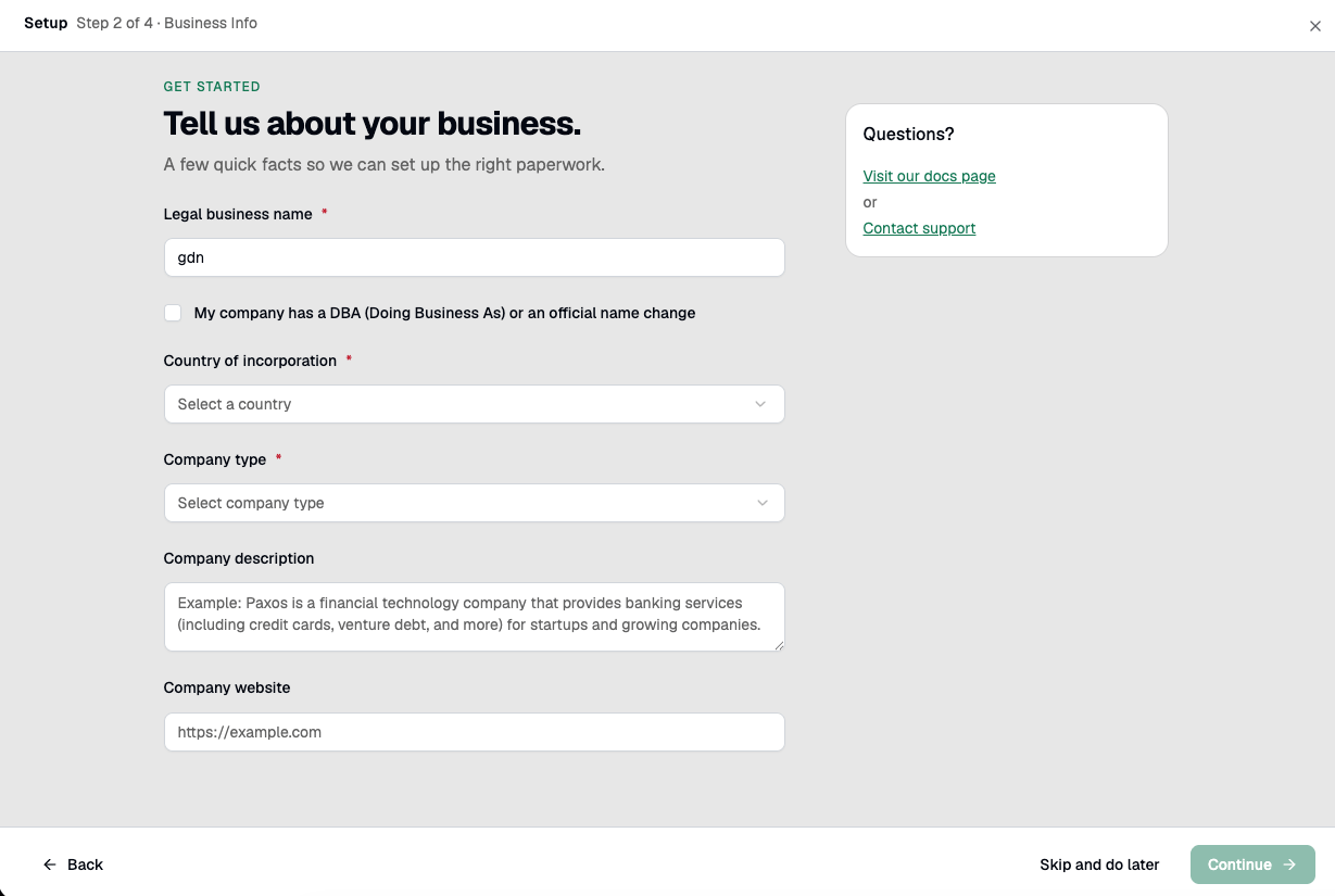 Business Info form