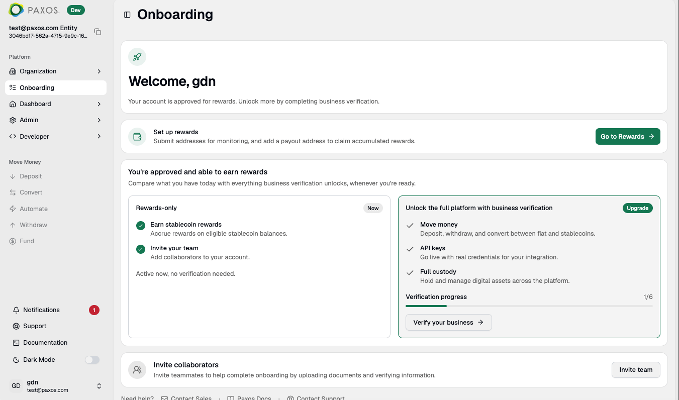 Onboarding page showing application under review