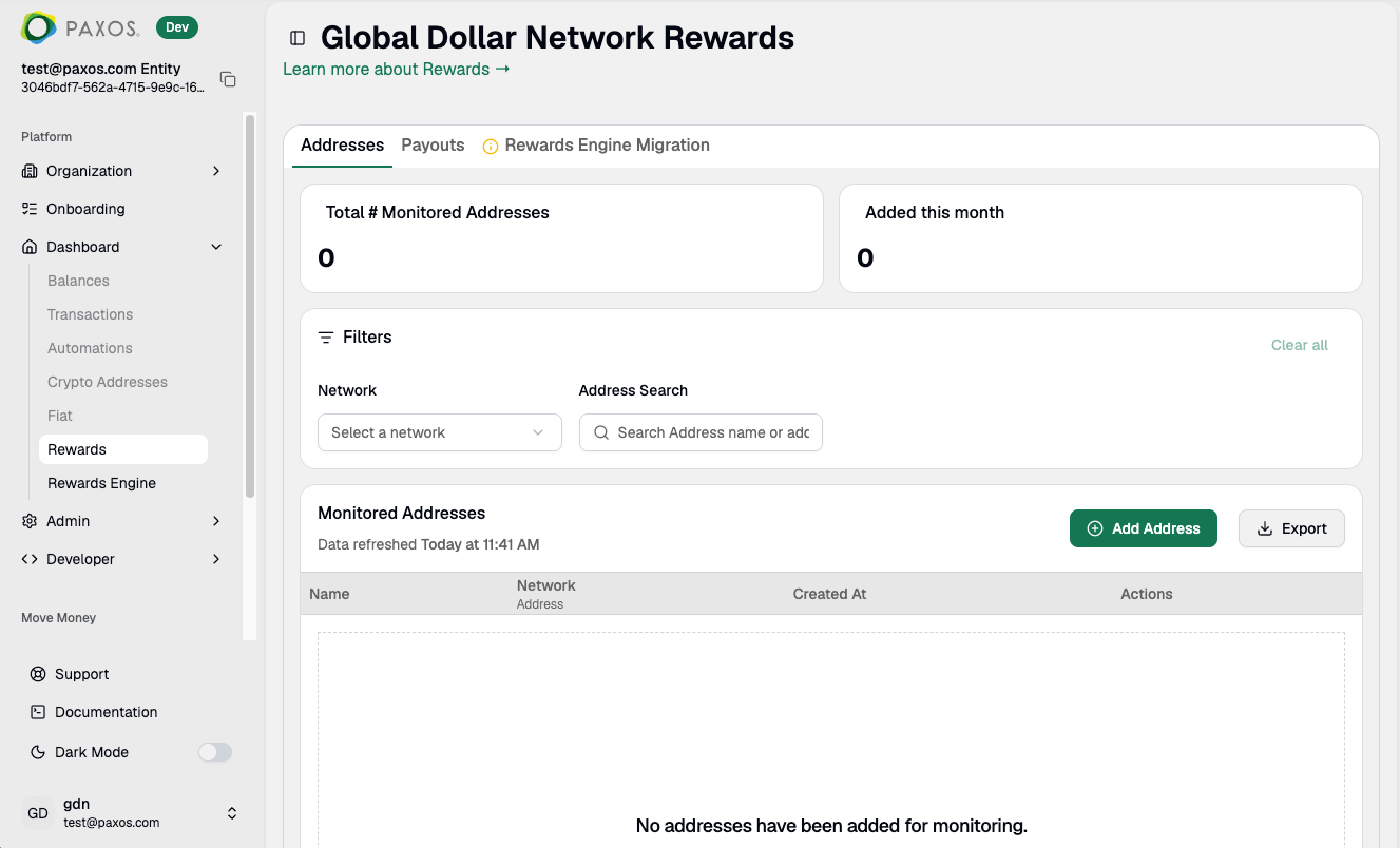 Rewards page showing Addresses, Payouts, and Rewards Engine Migration tabs